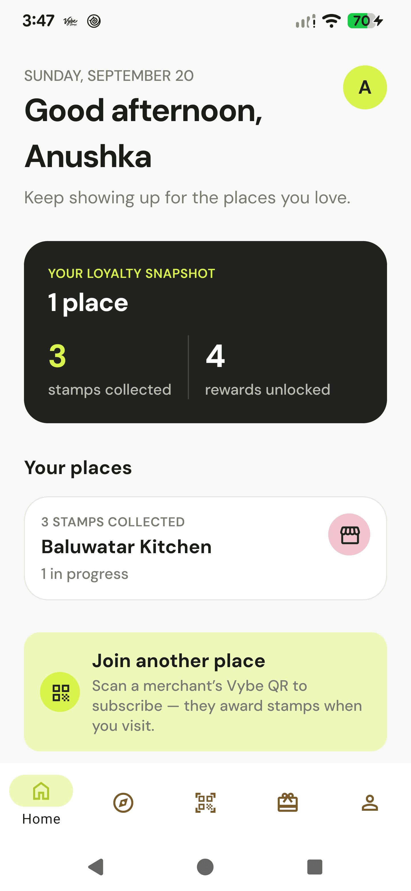 VybeStamps home screen showing loyalty places and stamp progress