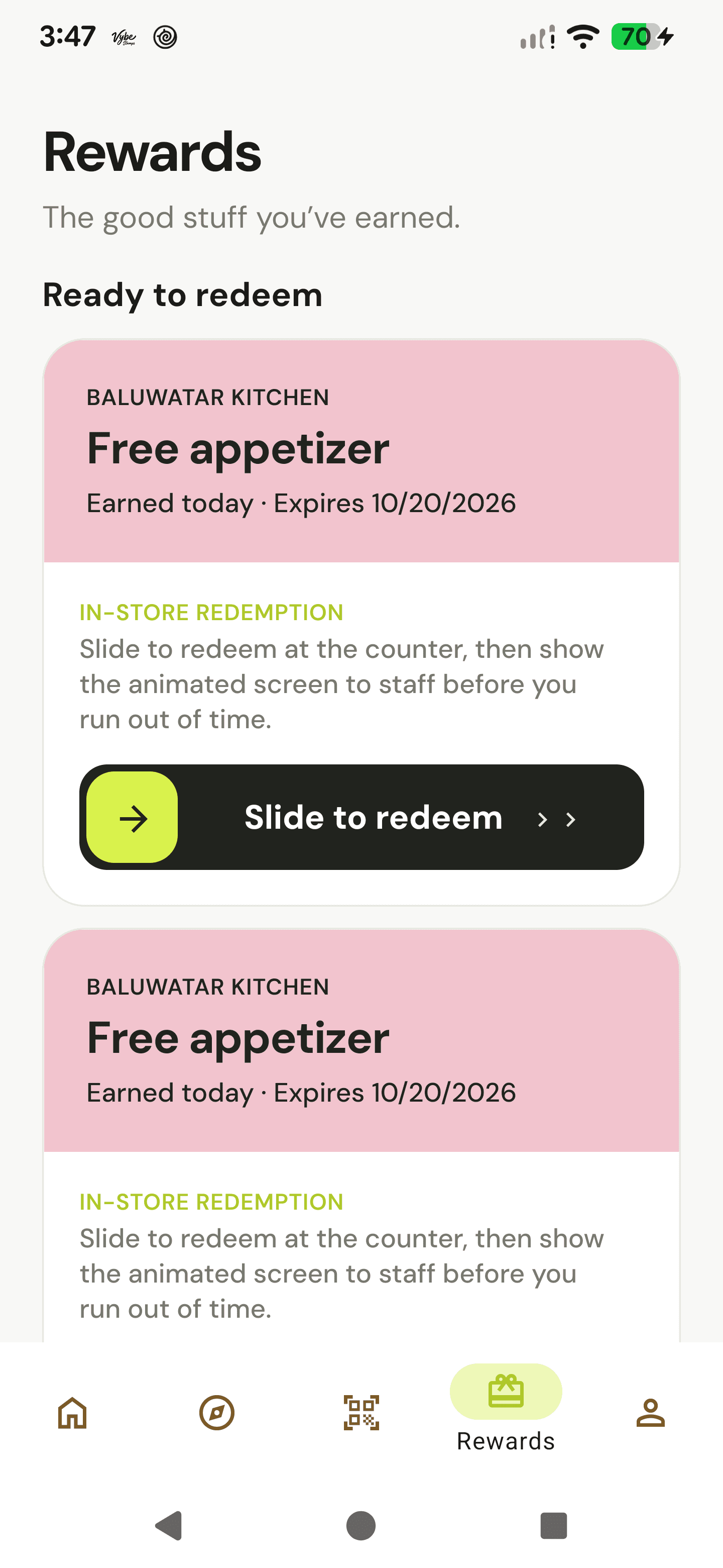 VybeStamps rewards screen with slide to redeem