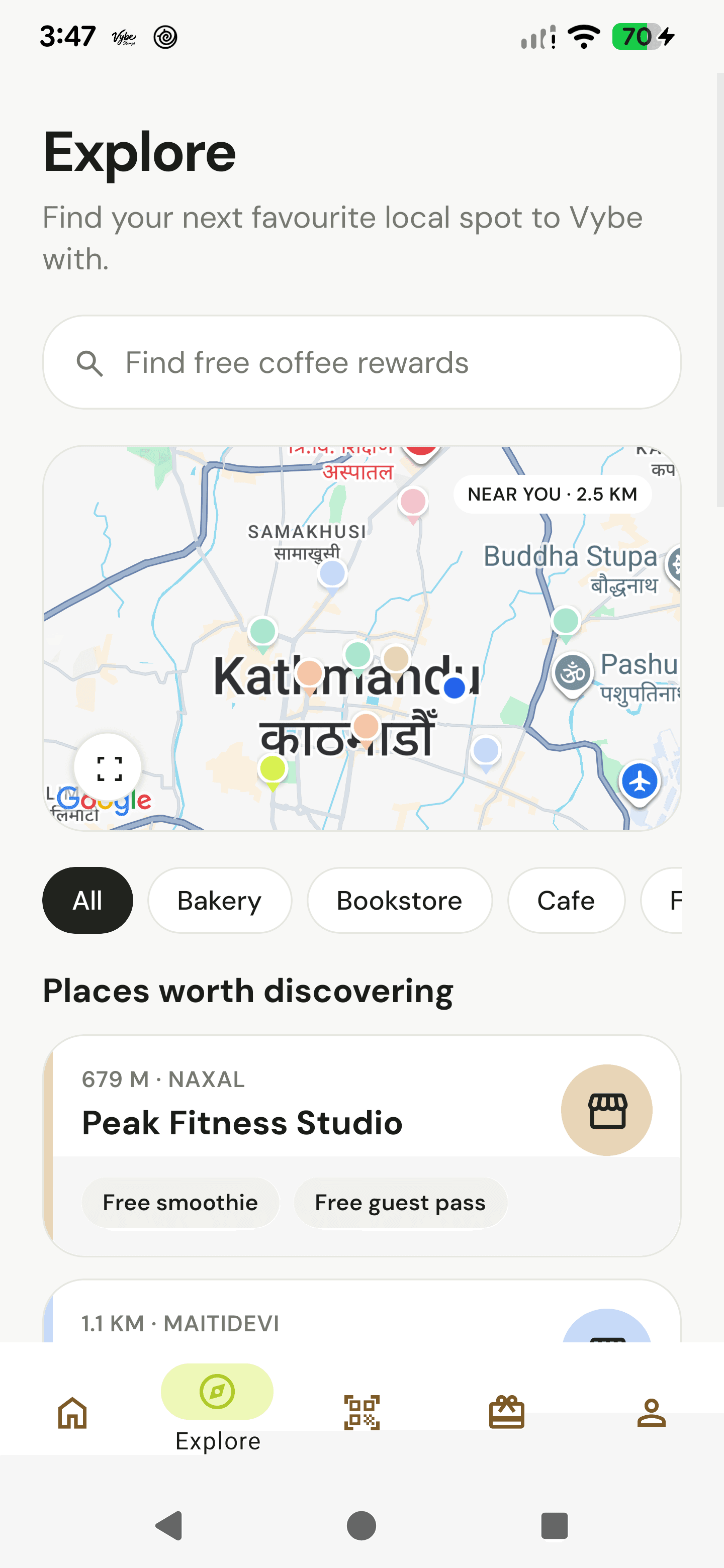 VybeStamps explore map with nearby merchants