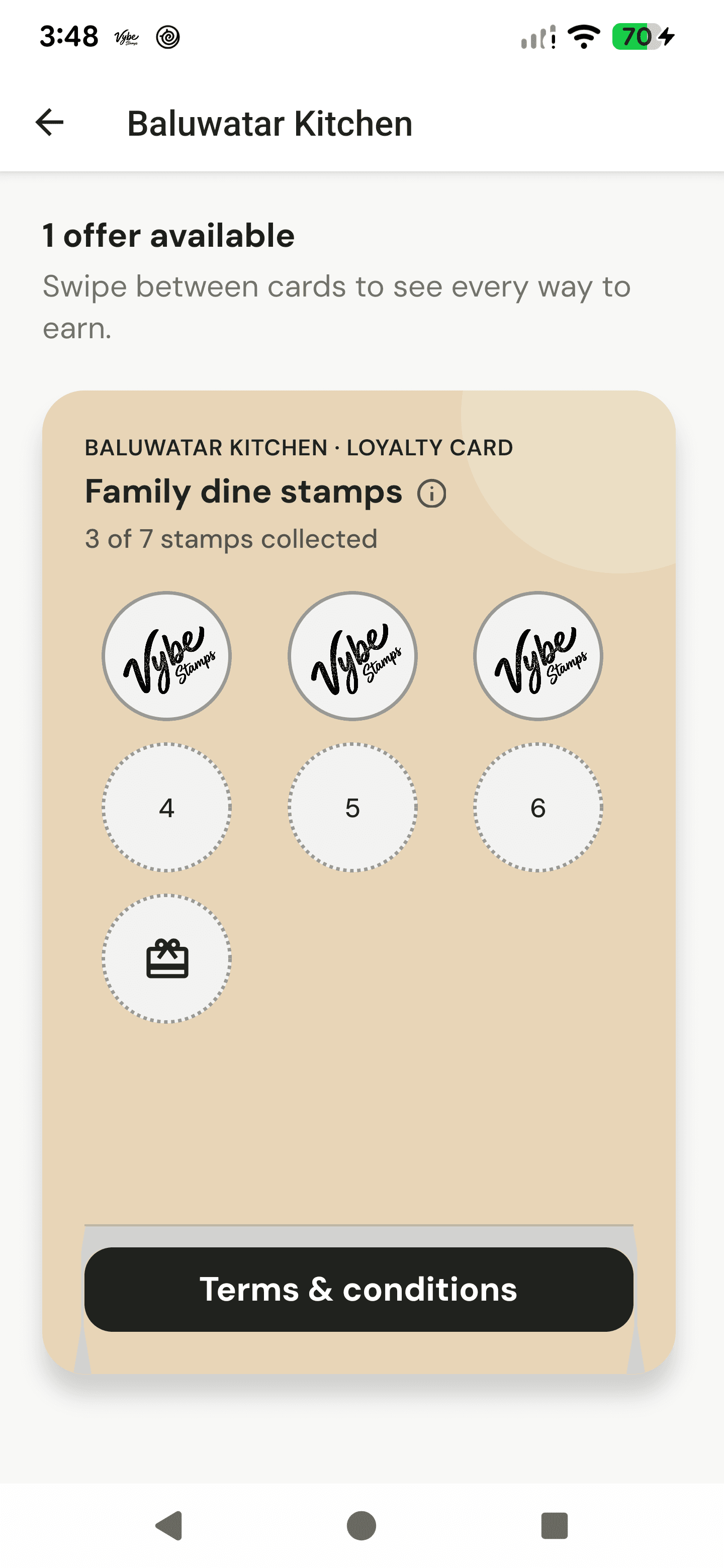 VybeStamps stamp card for Baluwatar Kitchen with stamps collected