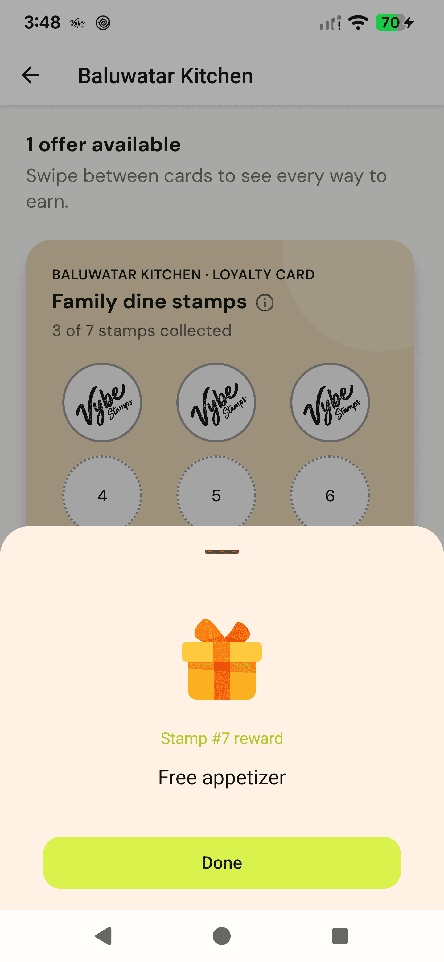 VybeStamps reward unlocked sheet showing free appetizer