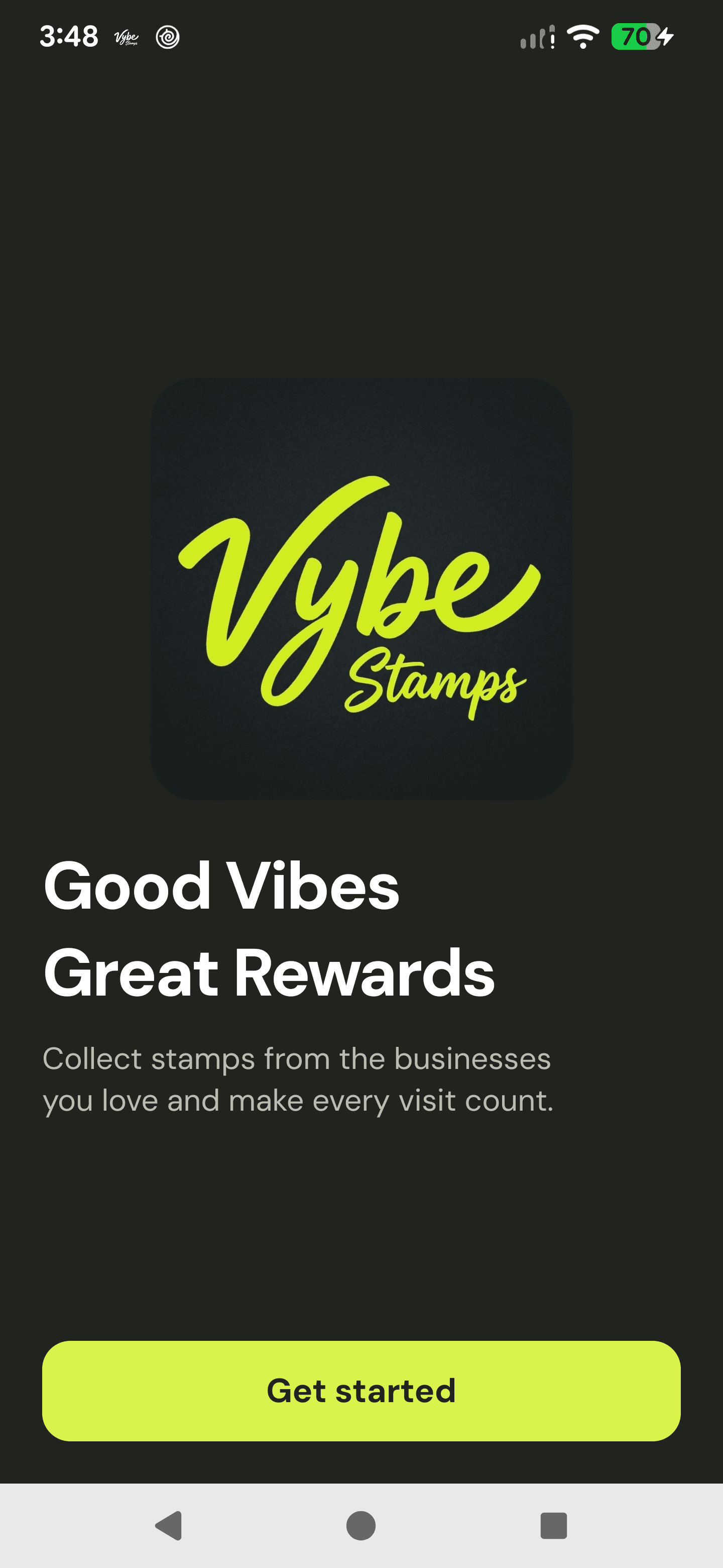 VybeStamps get started welcome screen